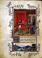 Jan van Eyck (?), Turijns-Milanees getijdenboek, fol. 93v: De geboorte van Johannes de Doper met De doop van Christus, circa 1420 of ca. 1435, Museo civico d'arte antica, Turijn