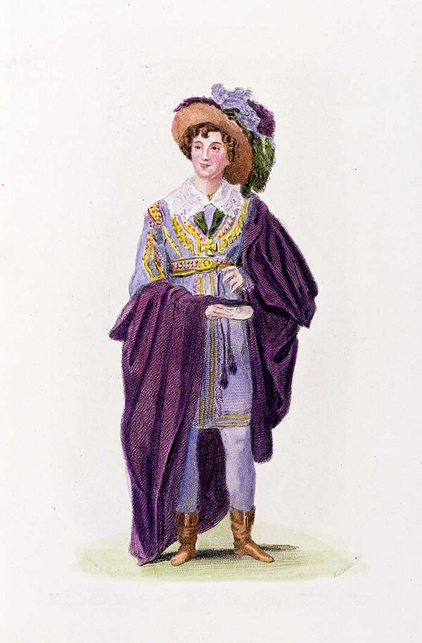 Madame Vestris as Felix in The Alcaid, coloured engraving, London, 1824