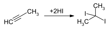 Production of 2,2-diiodopropane by adding hydrogen iodide to methylacetylene