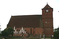 The former Protestant church in Barten and today's Roman Catholic church in Barciany