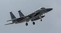 A US Air Force F-15C Eagle, tail number 81-0032, on final approach at Kadena Air Base in Okinawa, Japan.