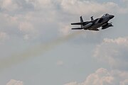 An F-15C Eagle, tail number 86-0160, taking off from RAF Lakenheath in England. The aircraft was assigned to the 493rd Fighter Squadron.