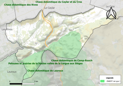 Carte des ZNIEFF de type 1 sur la commune.