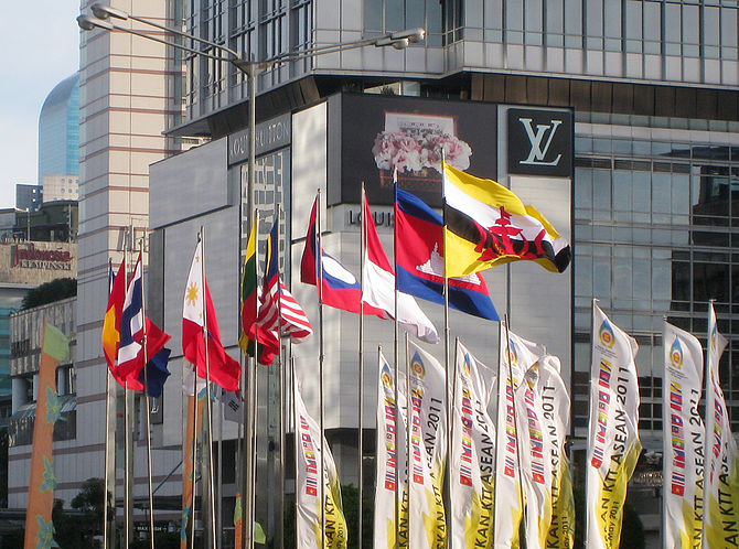 English: The flags of ASEAN nations raised in ...