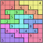 A Sudoku puzzle grid with many colours, with nine rows and nine columns that intersect at square spaces. Some of the spaces are filled with a digit; others are blank spaces to be solved.