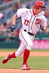 Andrew Stevenson scores on an RBI single by Yan Gomes from Nationals vs. Diamondbacks at Nationals Park, April 17th, 2021 (All-Pro Reels Photography) (51136648853) (cropped).jpg