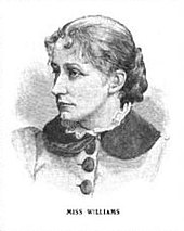 Una mujer vestida del siglo XIX, mirando a su derecha.