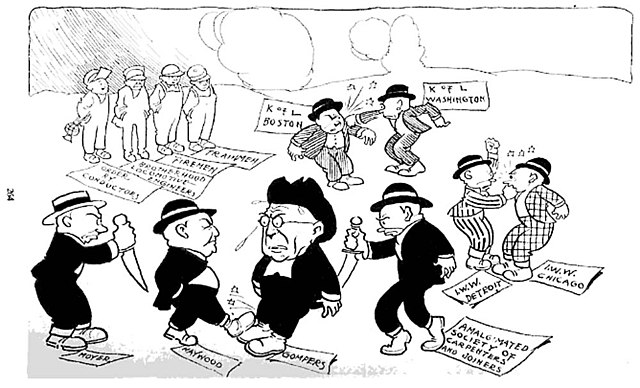 An anti-union cartoon depicting labor union infighting in 1912, published in The American Employer. The cartoon apparently struck a positive chord wit