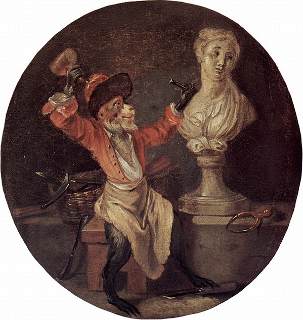 A copy of The Monkey Sculptor, by Antoine Watteau, c. 1710