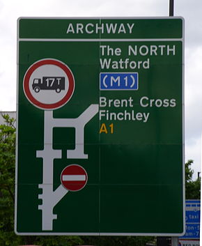 Archway roundabout road sign.JPG