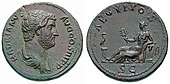 Sedeča ženska s sistrom na kovancu iz obdobja cesarja Hadrijana
