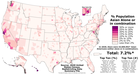 Proportion of Asian Americans in each county of the fifty states, the District of Columbia, and Puerto Rico as of the 2020 United States Census Asian Americans by county.png