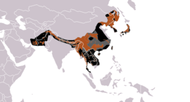 Área de distribución do oso tibetano (marrón – existente, negra – extinto, gris escura – presenza incerta)