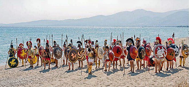 Athenians on the beach of Marathon. Modern reenactment of the battle (2011)