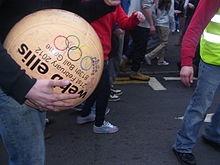 The ball played in the 813th Atherstone Ball game Shrove Tuesday 21 February 2012. Atherstone Ball game 2012.jpg