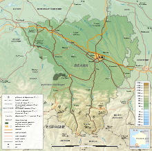 Détail d'une carte indiquant les principales villes, principaux axes de circulation ou encore le relief du Béarn.