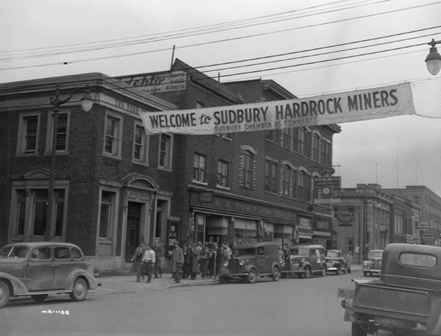 Banner welcoming hard rock miners into Sudbury. Nickel mines became vital to the war effort, with Frood Mine accounting for 40 percent of all nickel u