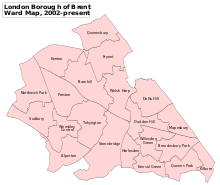 A map showing the wards of Brent since 2002 Brent London UK labelled ward map 2002.svg
