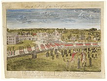 A birds-eye view of a long column of British soldiers marching by regiment along a road just outside of Boston