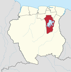 Map of Suriname showing Brokopondo district