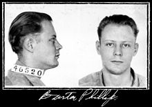 Mugshot of Burton Phillips, sentenced to life imprisonment for bank robbery, 1935 Burton Phillips.jpg