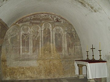 A chapel with murals in the Romanesque-Gothic crypt of Chartres Cathedral (11th–13th century)