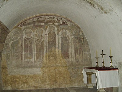 12th century fresco in the Saint Lubin Crypt, showing the Virgin Mary on her throne of wisdom, with the Three Kings to her right and Savinien and Potenien to her left