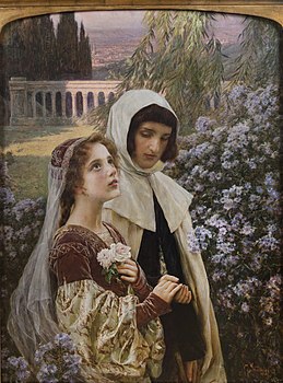 Dantė Aligjeris ir Beatričė Portinari Čezarės Sakadžio (Cesare Saccaggi) paveiksle „Čia prasideda naujas gyvenimas“ (Incipit Vita Nuova), 1903 m.