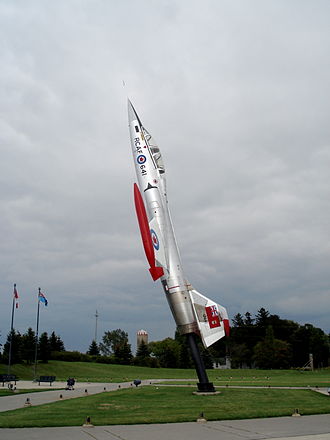 CF-104 Starfighter mounted as a monument in front of Canadian Warplane Heritage Museum. Cf104 canadian warplane heritage museum 1.jpg