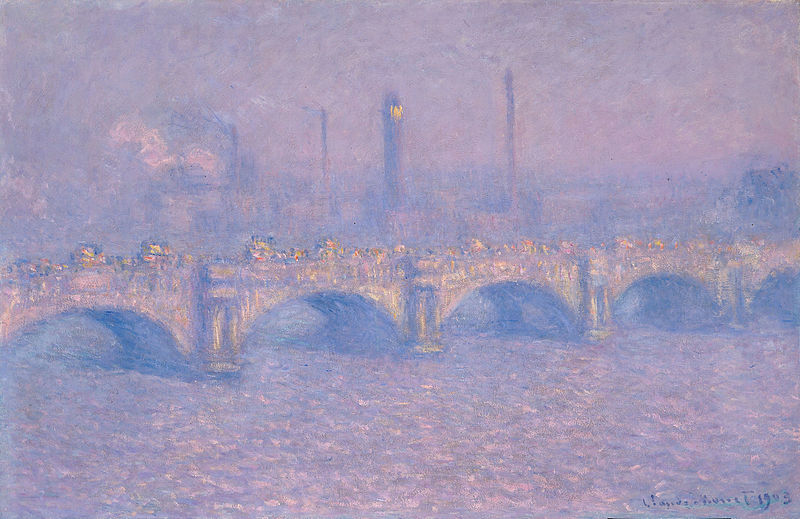 File:Claude Monet, Waterloo Bridge, Sløret sol, 1903, olie på lærred, 64,77 x 99,7 cm, Memorial Art Gallery, Rochester.jpg