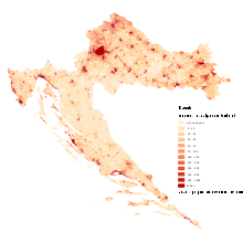 2011 Croatian population density by county in persons per km . Croatia, population density.svg