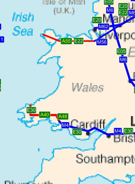 The two European routes in Wales (E30 in the south and E22 in the north) are also trunk roads