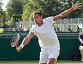 David Rice competing in the first round of the 2015 Wimbledon Doubles Qualifying Tournament with Brydan Klein at the Bank of England Sports Grounds in Roehampton, England. The winners of two rounds of competition qualify for the main draw of Wimbledon the following week.