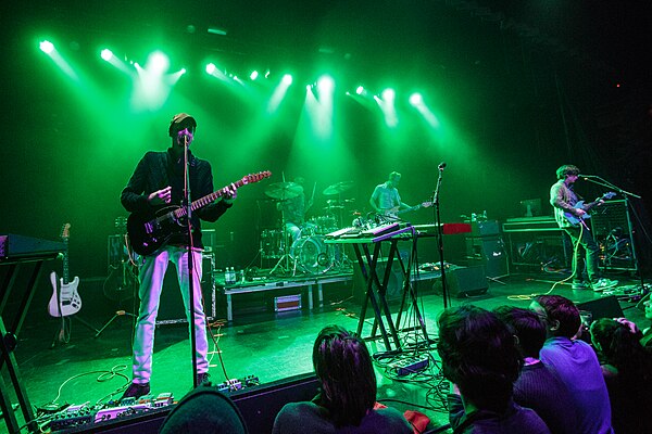 Deerhunter performing in 2015. Left to right: Bradford Cox, Moses Archuleta, Josh McKay, Lockett Pundt.