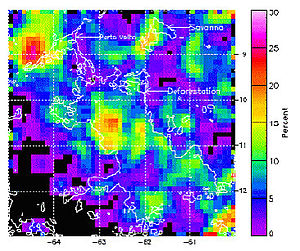 Imaging by NASA of the effects of deforestation on rainfall in Brazil, an example of land change science modeling Deforestationrainfall.jpg