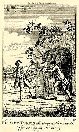 Eighteenth century depiction of Turpin murdering Thomas Morris from his cave Dick turpin murderer.jpg