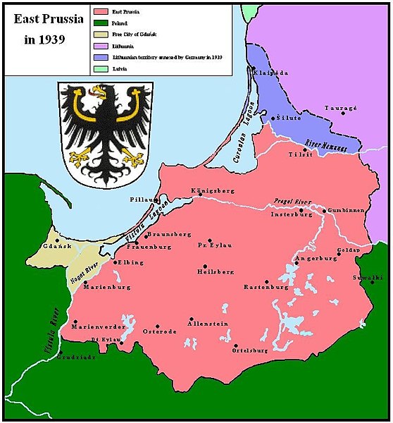 East Prussia after the ultimatum took force; the Klaipėda Region/Memelland is depicted in blue and East Prussia in red.