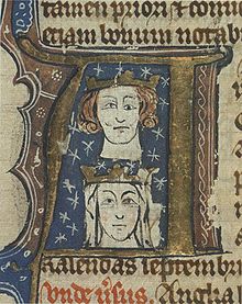 Inside an initial letter are drawn two heads with necks, a male over a female. They are both wearing coronets. The man's left eye is drawn different both from his right and those of the woman.