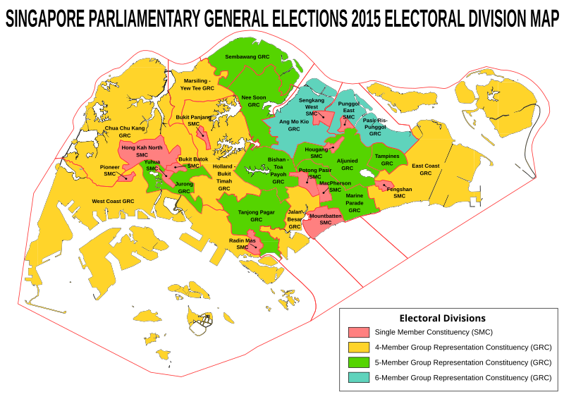 Singapore electoral boundaries, released in July 2015 Electoral boundaries during the Singapore general elections 2015.svg