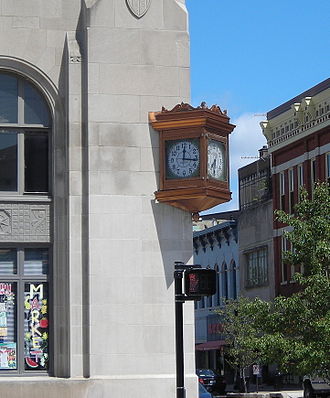 The clock on the east side of the building. Elgin Tower Building (Elgin, IL) 08.JPG