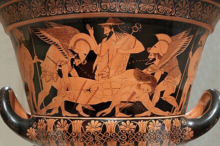 Sarpedon's body carried by Hypnos and Thanatos (Sleep and Death), while Hermes watches. Side A of the so-called "Euphronios krater", Attic red-figured calyx-krater signed by Euxitheos (potter) and Euphronios (painter), c. 515 BC.