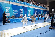 Deutsch: Fechten bei den Olympischen Jugend-Sommerspielen 2018: Tag 1, 7. Oktober 2018, Jungen, Säbel, Runde der letzten 16 - Ali Al-Bahrani (KSA) Vs Antonio Heathcock (GER) 9:15 English: Fencing at the 2018 Summer Youth Olympics at 7 October 2018 – Boys' sabre Round of 16 – Ali Al-Bahrani (KSA) Vs Antonio Heathcock (GER) 9:15