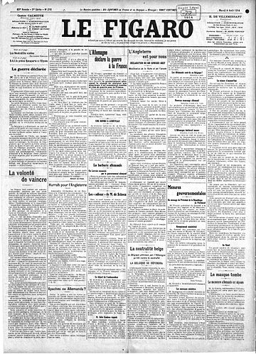 Front page of Le Figaro, 4 August 1914