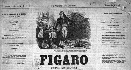 Titre du no 1, 2 avril 1854, illustré par un bois figurant Figaro et une citation extraite du Barbier de Séville (Fonds BNF).