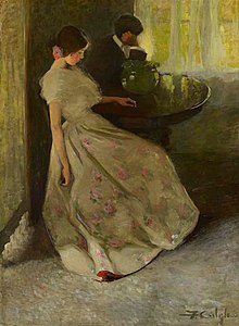 Schilderij van een zittende man en vrouw door de Canadese kunstenaar Florence Carlyle.