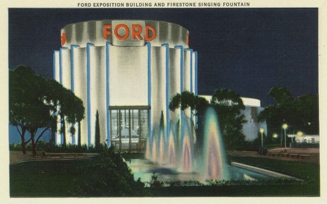 Entrance of the Ford Building with Firestone Singing Fountains, 1935.