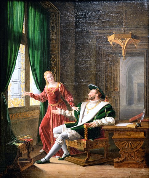 File:François 1er montre a Marguerite de Navarre sa soeur les vers qu il vient d écrire sur une vitre avec son diamant-Fleury François Richard-MBA Lyon 2014.jpeg