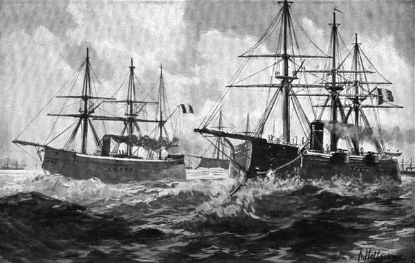 French ironclads on the blockade of Prussia's North Sea coast; Arminius sortied repeatedly to engage them, but rarely encountered the French ships