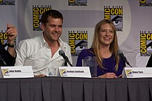 Peter Bishop, played by actor Joshua Jackson (pictured left), becomes infected with an ancient virus in the episode. Fringe Panel 3 2010 CC.jpg