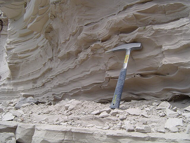 Claystone deposited in Glacial Lake Missoula, Montana, United States. Note the very fine and flat bedding, common for deposits coming from lake beds f